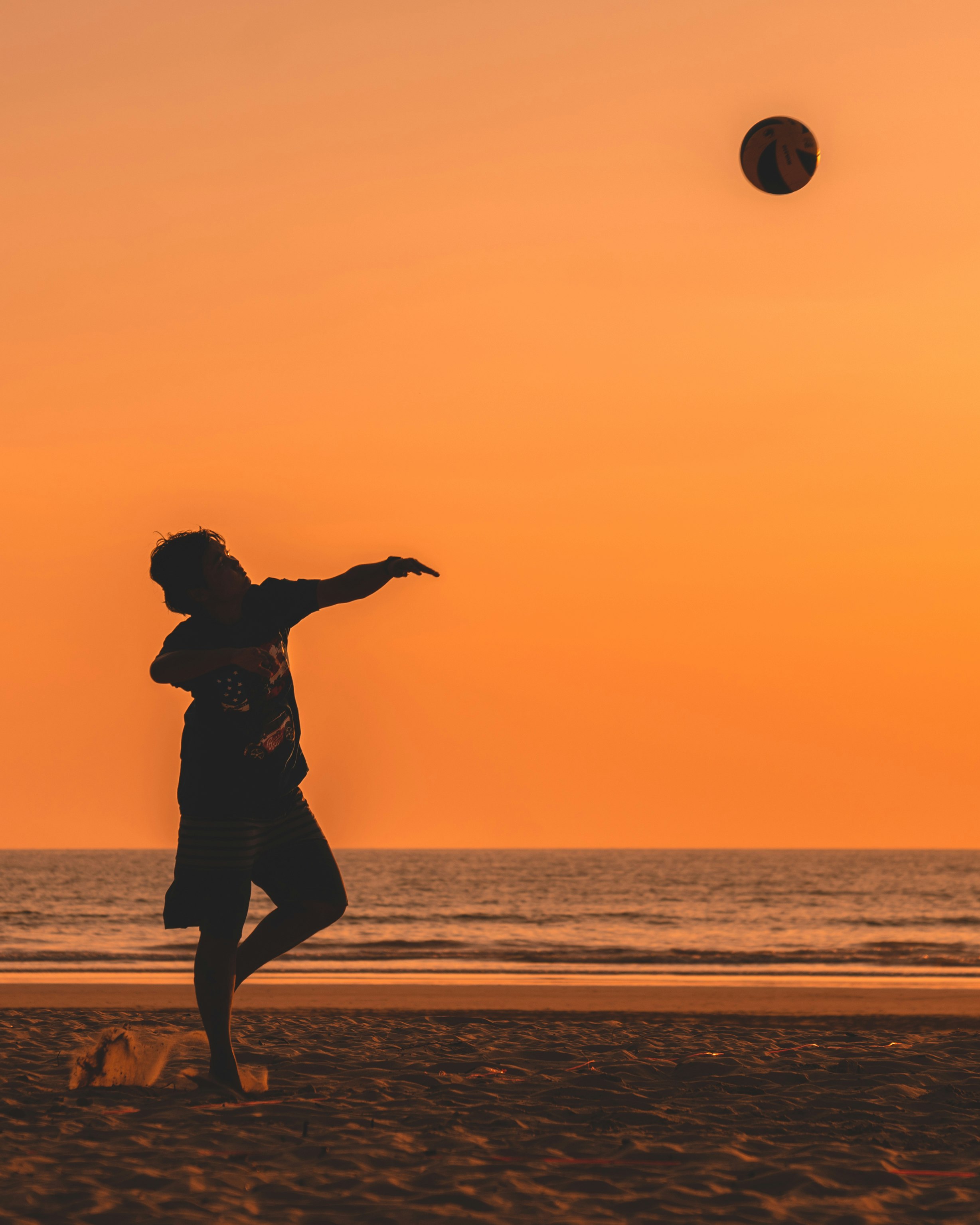 silhouette of man throwing ball near ocean at golden hour